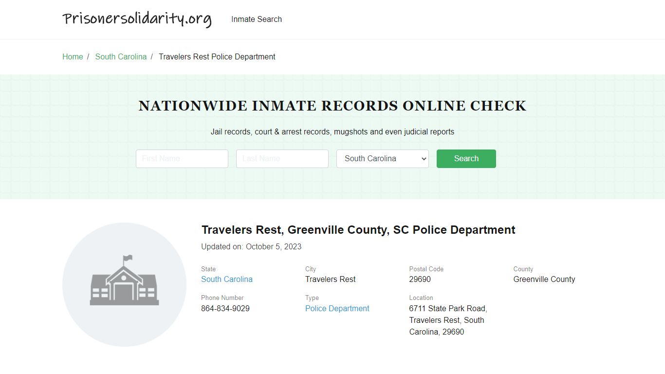 Travelers Rest, SC Police - City Jail Inmates, Arrests