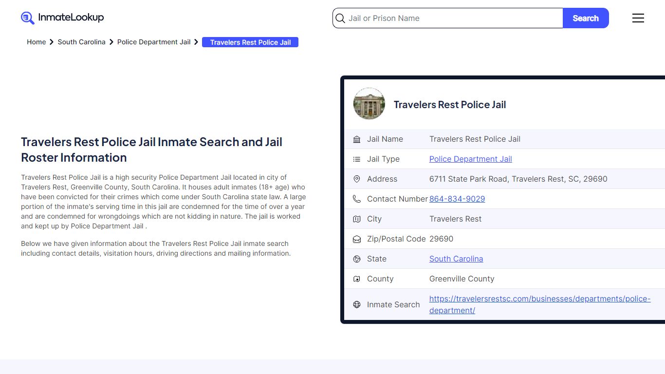 Travelers Rest Police Jail (SC) Inmate Search South Carolina - Inmate ...